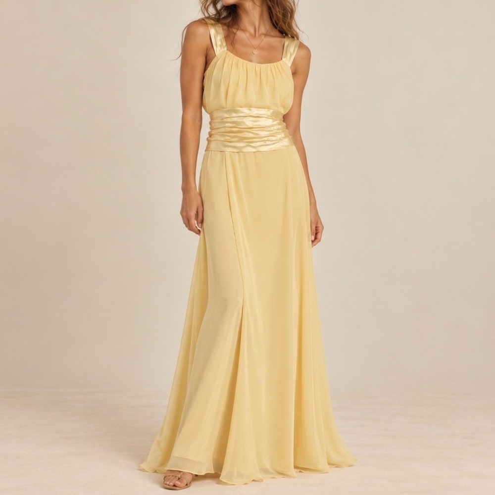 Davids Bridal Formal Maxi Dress 14 Butter Yellow Chiffon Satin Gown Bridesmaid